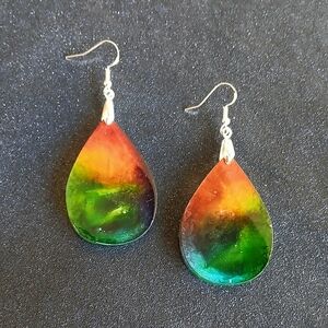 Colorful red yellow blue green tye dye teardrop dangle earrings silver hooks New